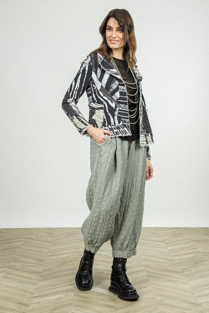 Olive Grey Pleated Silk Linen Trousers 8