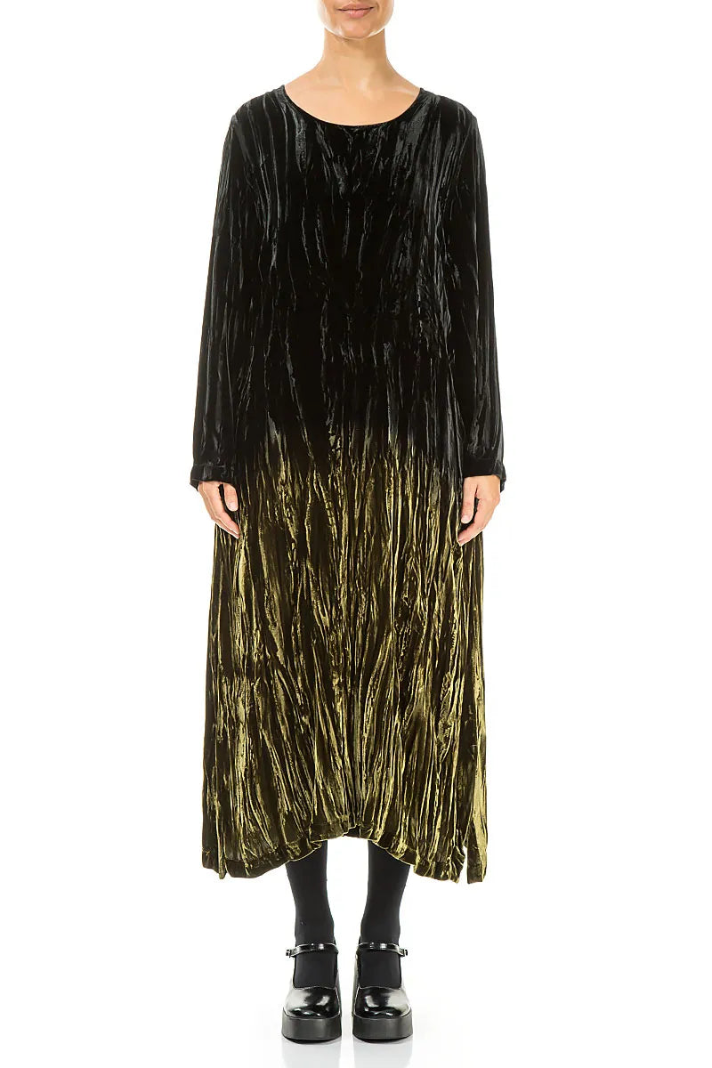 Olive Silk Velvet Ombré Shift Dress 1