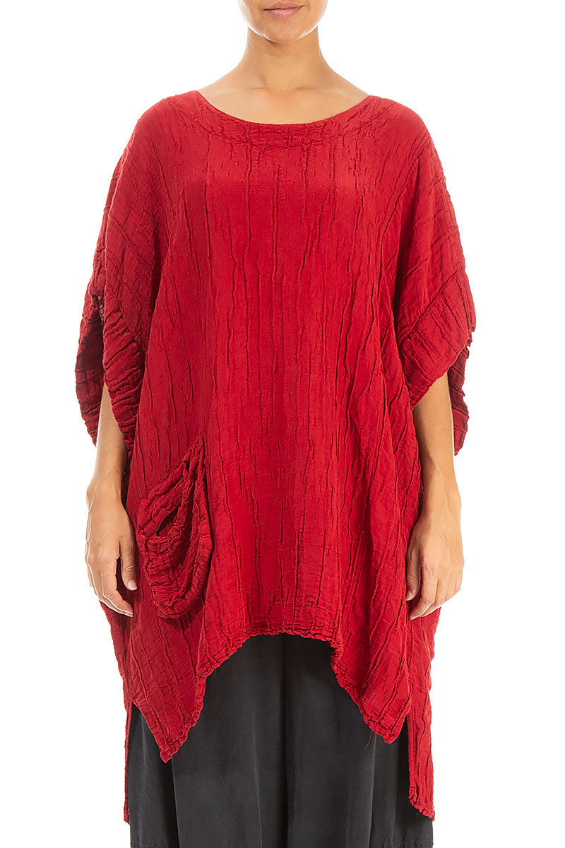 One Pocket Crinkled Red Silk Tunic