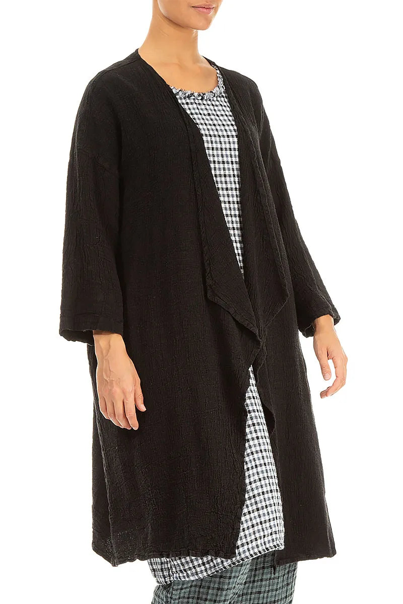 Open Front Black Textured Linen Jacket 4
