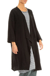 Open Front Black Textured Linen Jacket 4