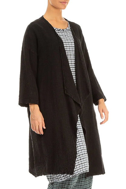 Open Front Black Textured Linen Jacket 4