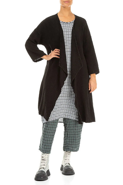 Open Front Black Textured Linen Jacket 5