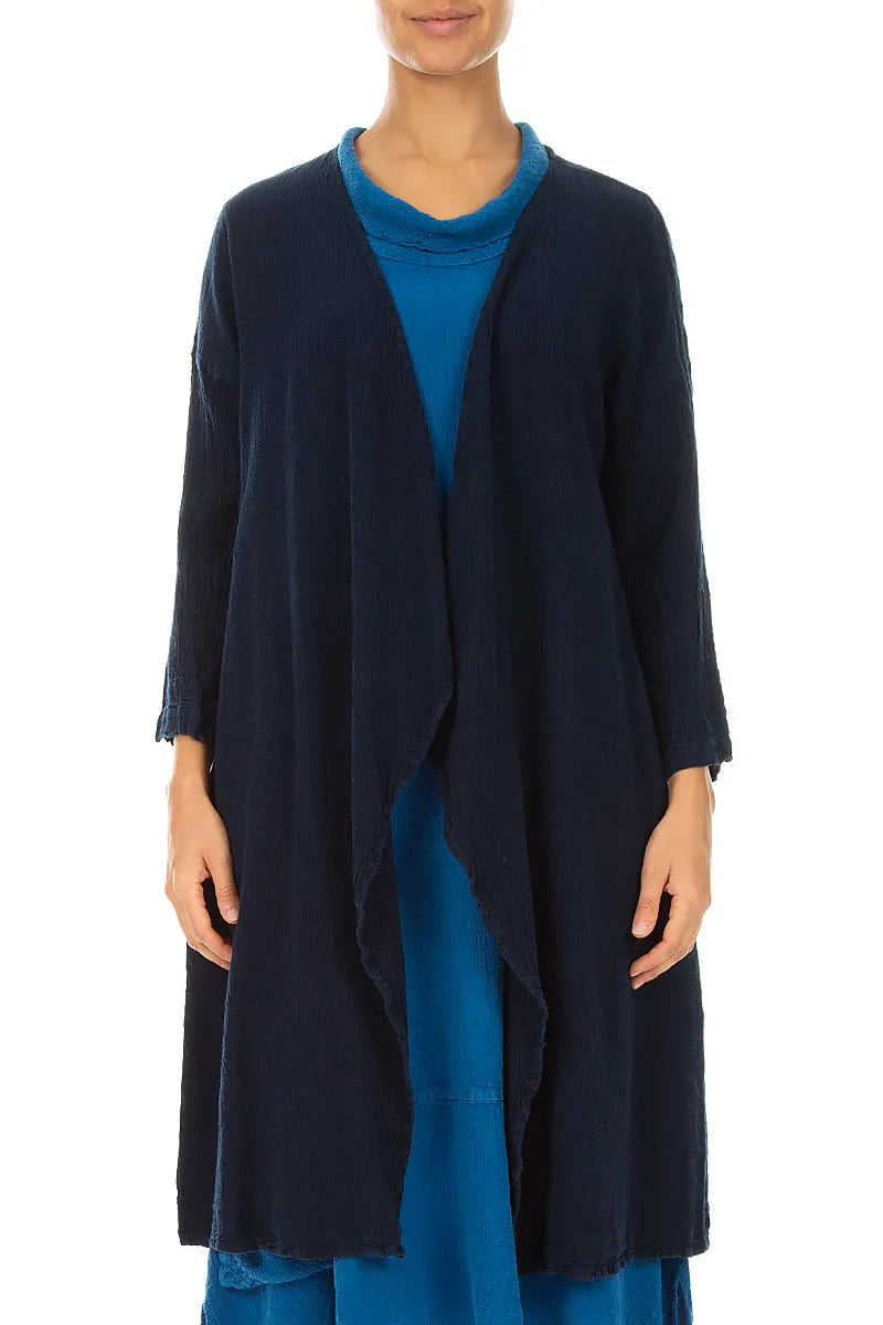 Open Front Navy Linen Viscose Jacket