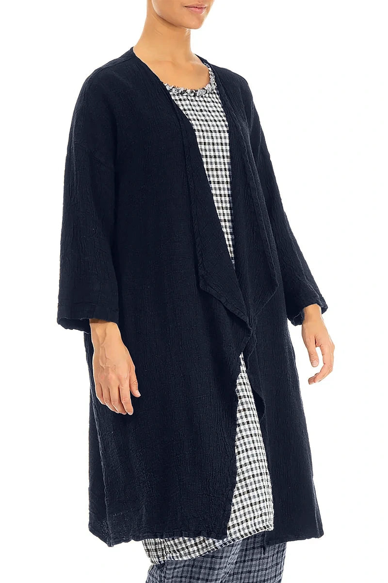 Open Front Navy Linen Viscose Jacket 4