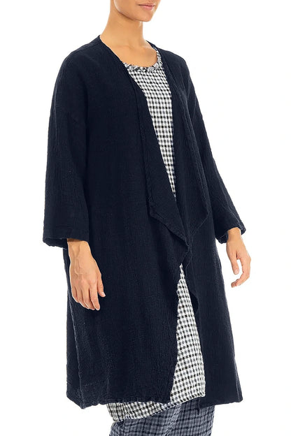Open Front Navy Linen Viscose Jacket 4
