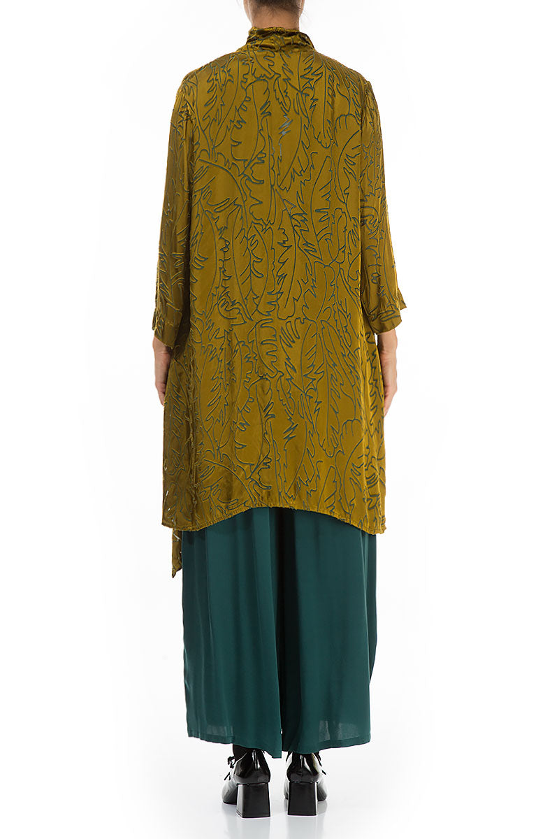 Open Golden Olive Devoré Feather Silk Jacket 2
