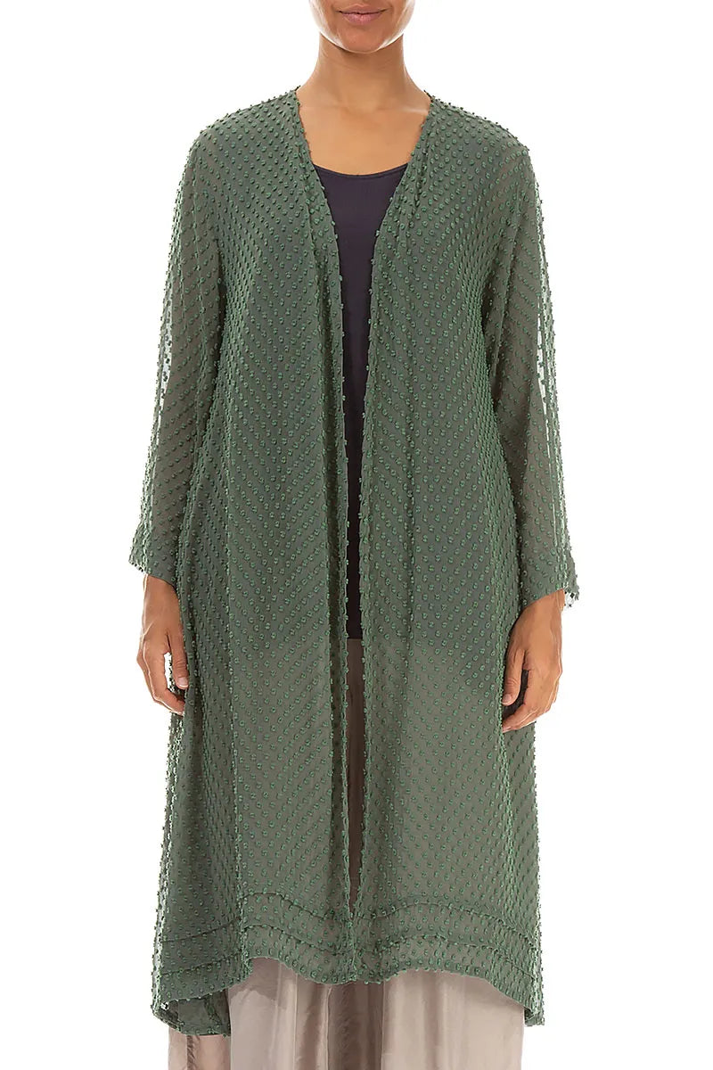 Offene Seidenjacke in Salbeigrün mit Punkten