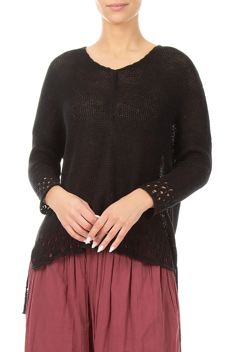 Openwork Hem Black Linen Jumper 3