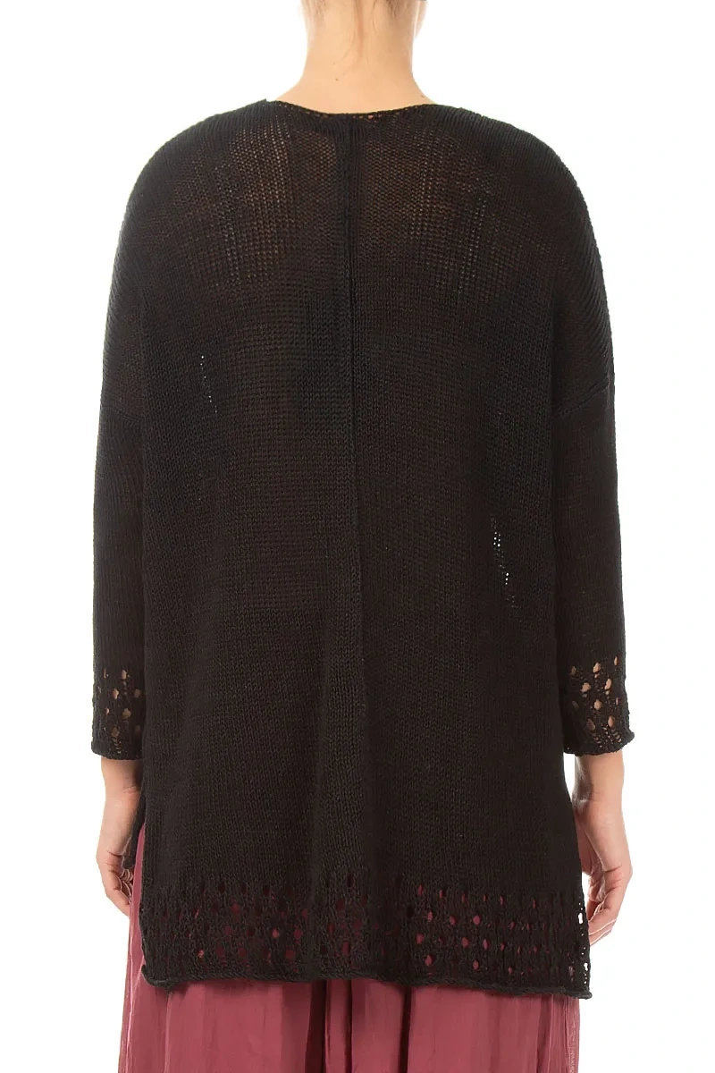 Openwork Hem Black Linen Jumper 2