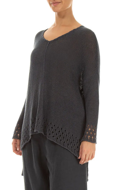 Durchbrochener Saum Grafitfarbener Leinenpullover