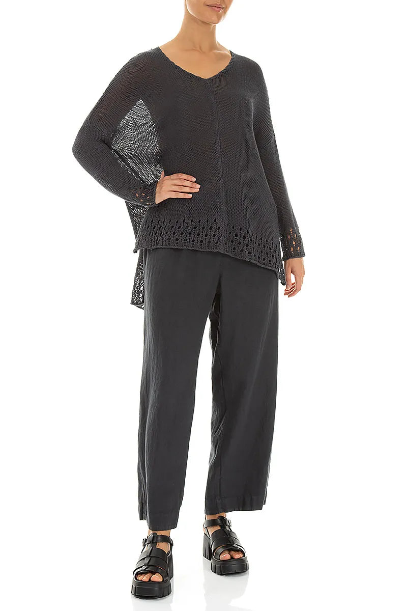 Durchbrochener Saum Grafitfarbener Leinenpullover