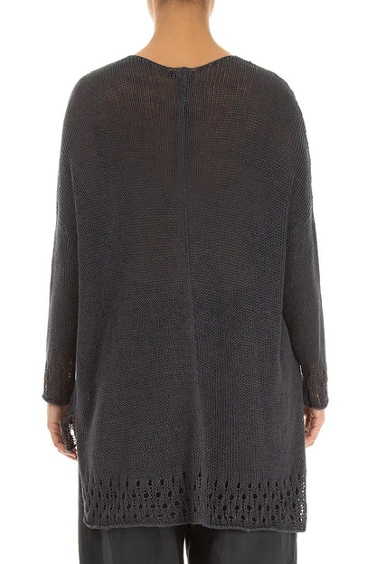 Durchbrochener Saum Grafitfarbener Leinenpullover