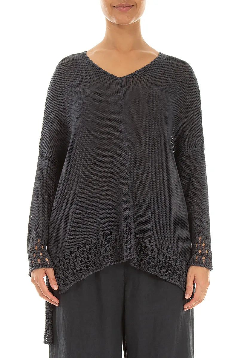 Durchbrochener Saum Grafitfarbener Leinenpullover