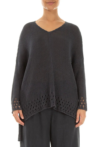 Durchbrochener Saum Grafitfarbener Leinenpullover