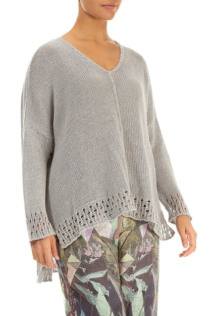 Openwork Hem Grey Linen Jumper 3