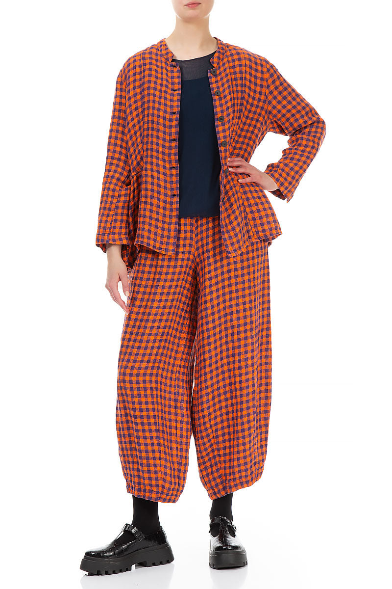 Orange Check Peplum Linen Jacket