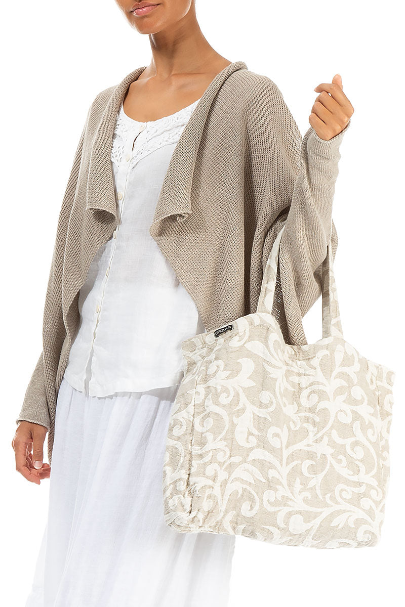 Ornamented Natural Linen Tote Bag