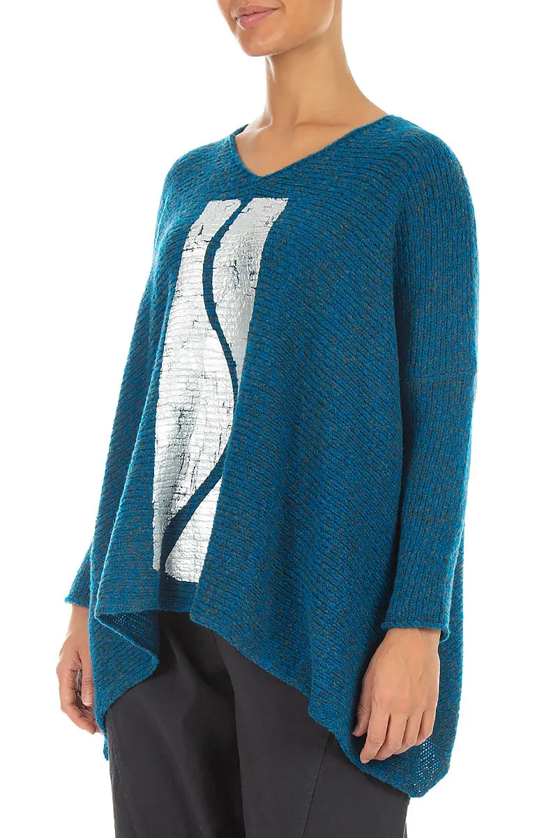 Oversized Pullover aus tief azurblauer, silbermetallicfarbener Mélange-Wolle