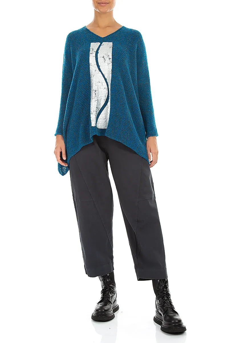 Oversized Pullover aus tief azurblauer, silbermetallicfarbener Mélange-Wolle