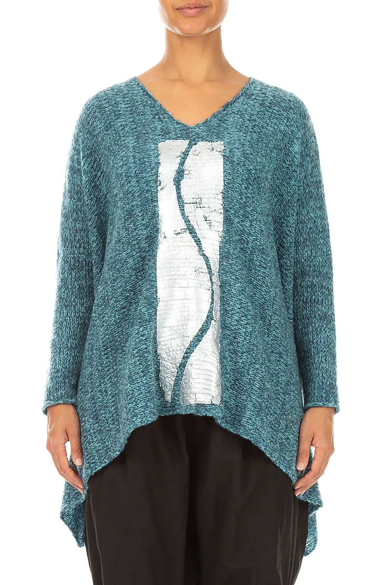 Oversized Pullover aus tief petrolfarbener, silbermetallicfarbener Mélange-Wolle