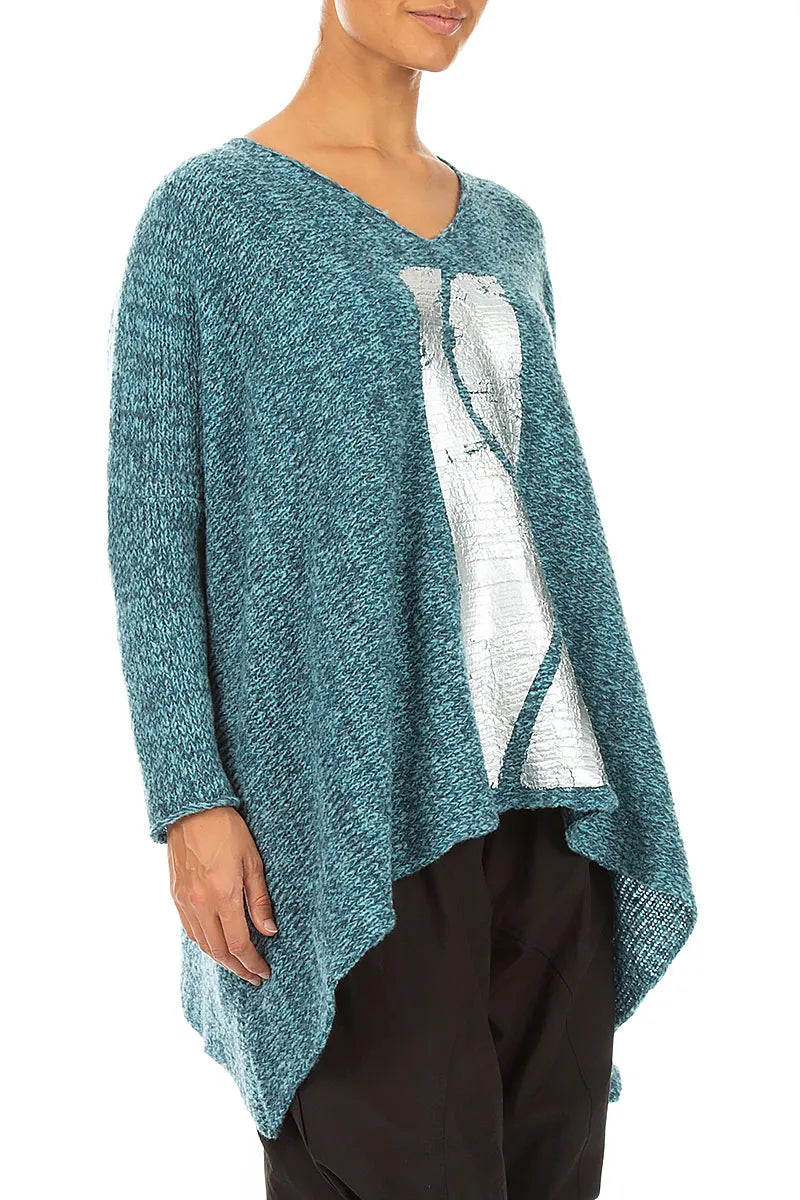 Oversized Pullover aus tief petrolfarbener, silbermetallicfarbener Mélange-Wolle