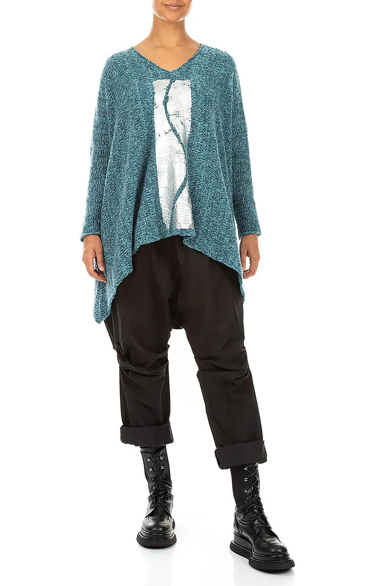 Oversized Pullover aus tief petrolfarbener, silbermetallicfarbener Mélange-Wolle