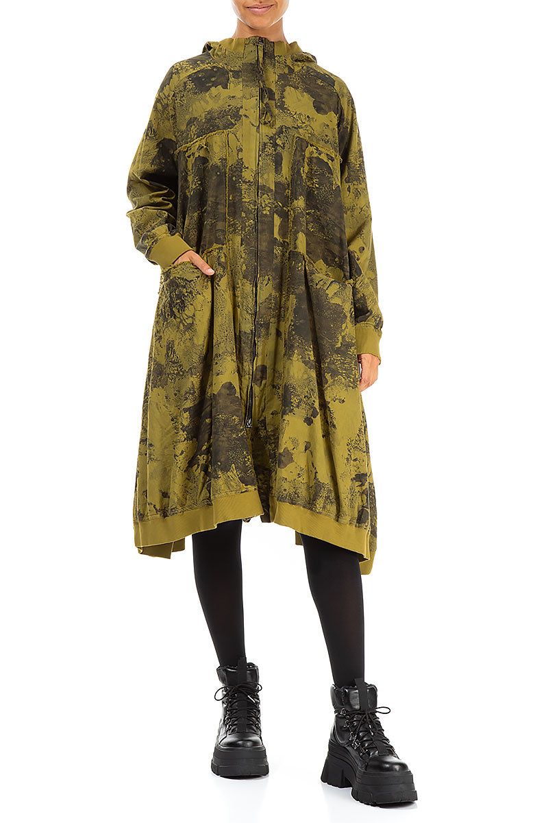 Oversized Golden Olive Marble Cotton Swing Coat