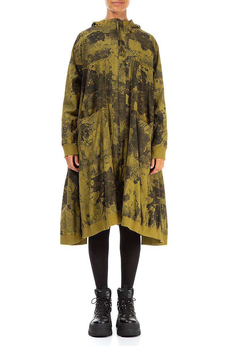 Oversized Golden Olive Marble Cotton Swing Coat