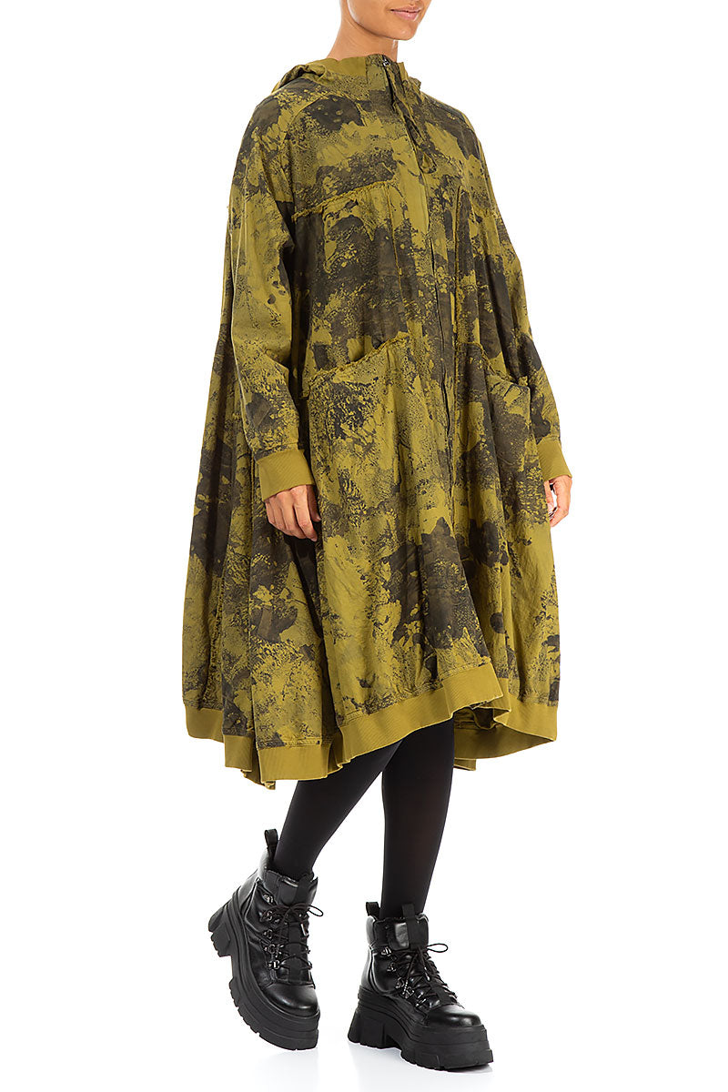 Oversized Golden Olive Marble Cotton Swing Coat