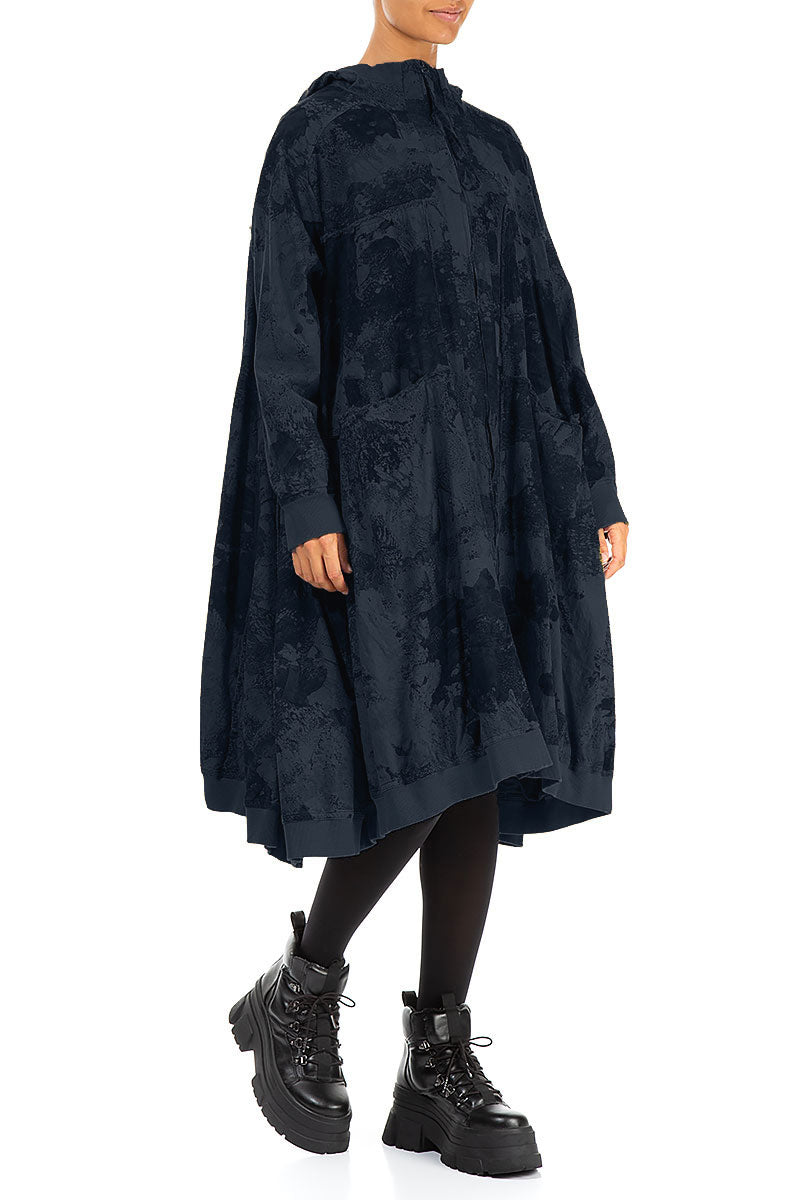 Oversized Midnight Blue Marble Cotton Swing Coat