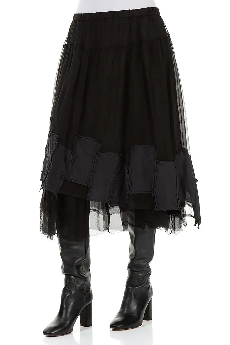 Patch Décor Black Silk Chiffon Skirt 3