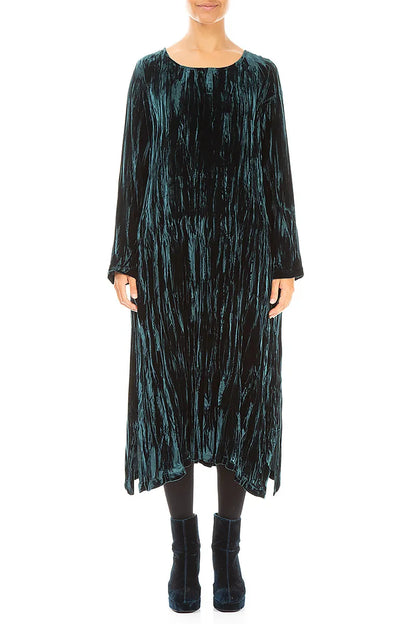 Peacock Crumpled Silk Velvet Dress 1
