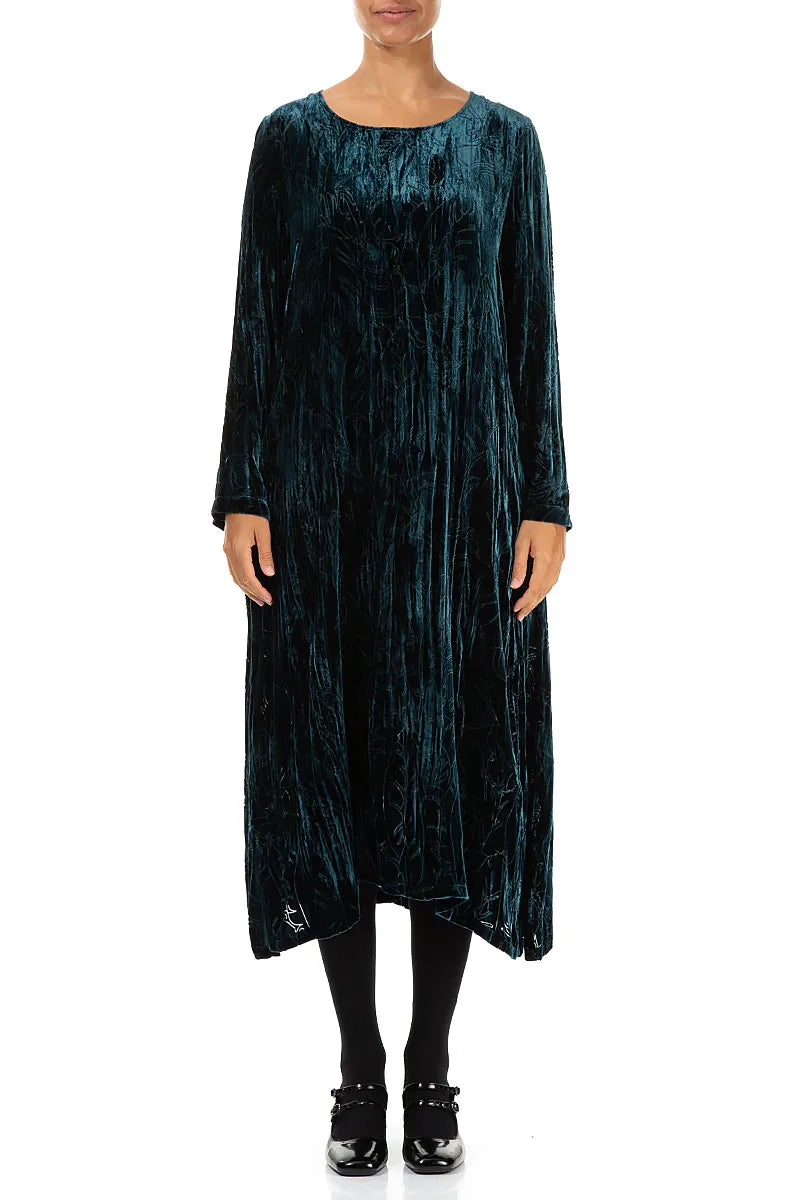 Peacock Devoré Feather Crumpled Silk Velvet Dress 1