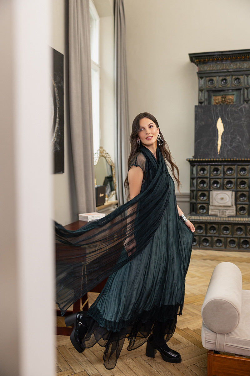 Peacock Crumpled Silk Chiffon Dress 7