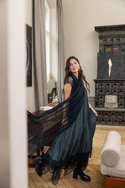 Peacock Crumpled Silk Chiffon Dress 7