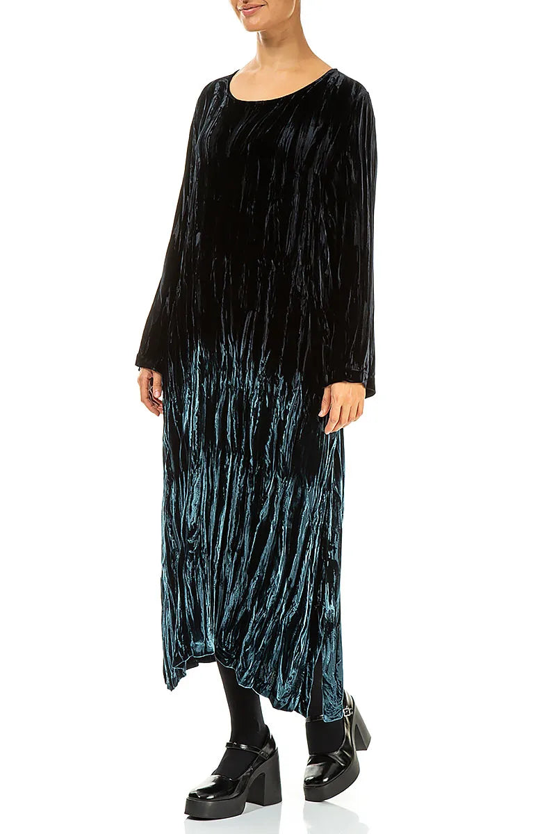 Robe droite ombrée en velours de soie à motif paon