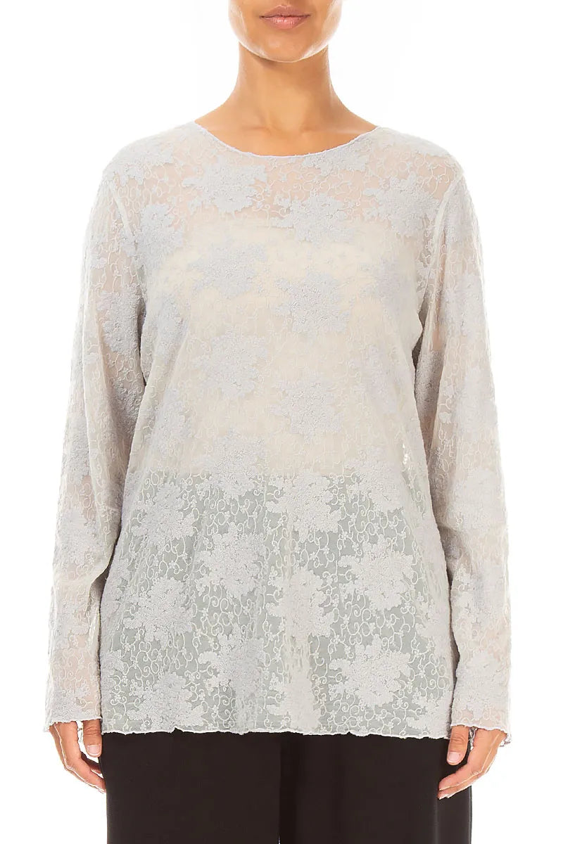 Bluse aus Baumwollspitze mit Blumenmuster in Perlgrau