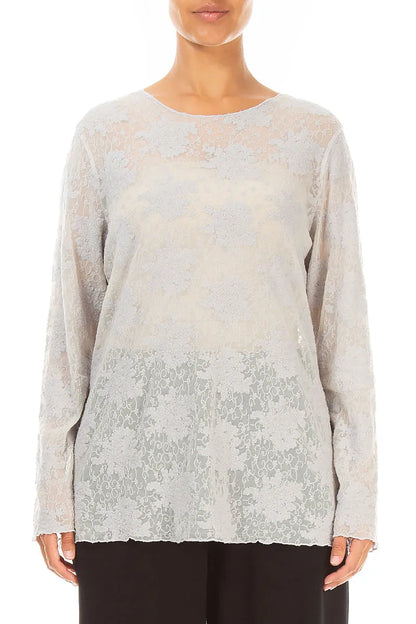 Bluse aus Baumwollspitze mit Blumenmuster in Perlgrau