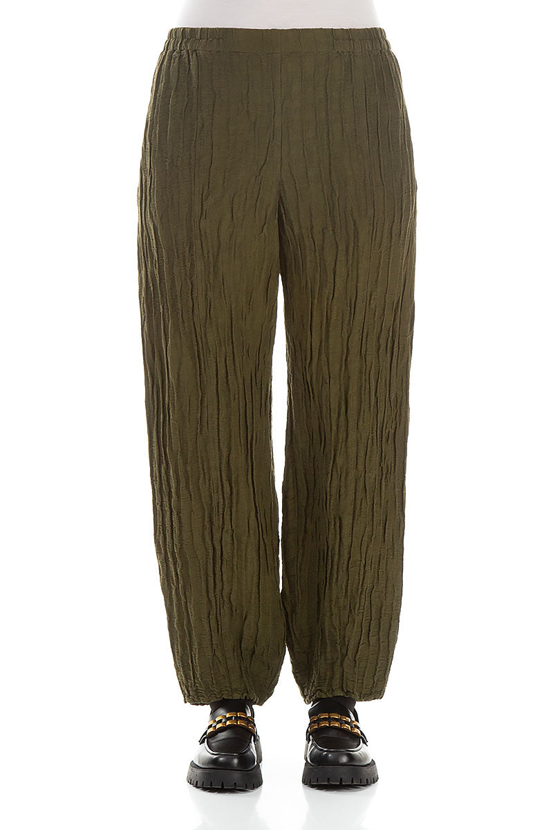 Pencil Crinkled Khaki Silk Trousers