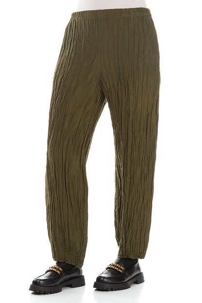 Pencil Crinkled Khaki Silk Trousers