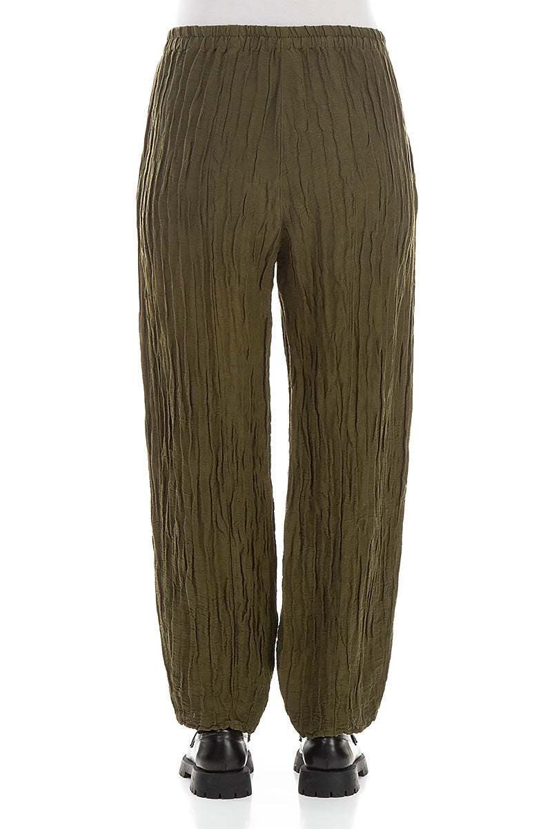 Pencil Crinkled Khaki Silk Trousers