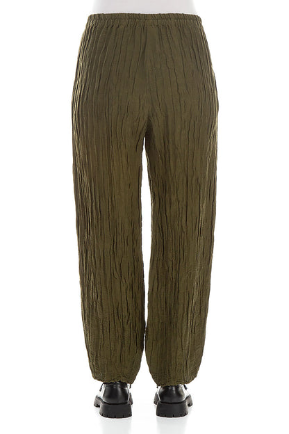 Pencil Crinkled Khaki Silk Trousers