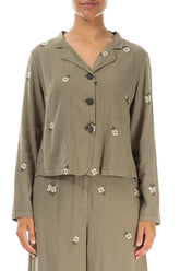 Petal Embroidered Olive Linen Jacket 1