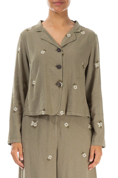 Petal Embroidered Olive Linen Jacket 1