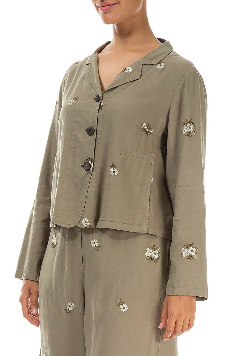Petal Embroidered Olive Linen Jacket 3