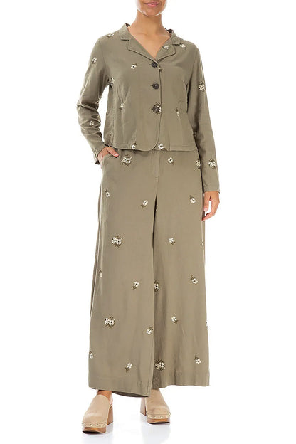 Petal Embroidered Olive Linen Jacket 4