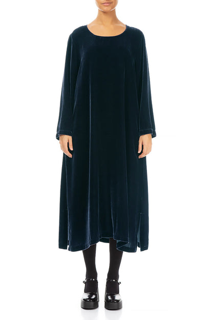 Petrol Blue Silk Velvet Shift Dress