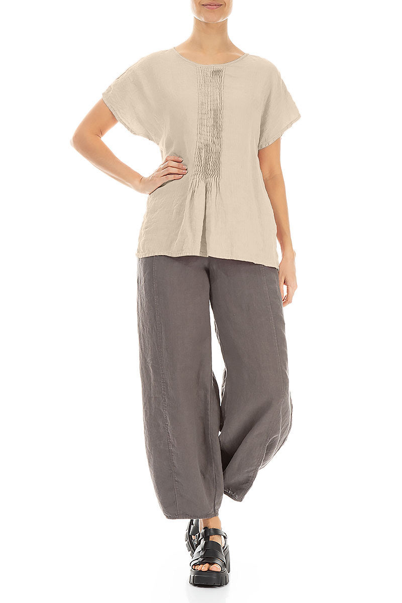 Pin-Tucked Beige Linen Blouse 4