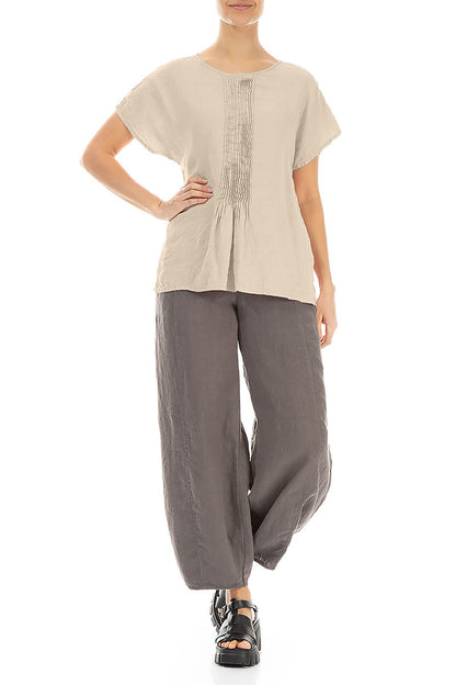 Pin-Tucked Beige Linen Blouse 4